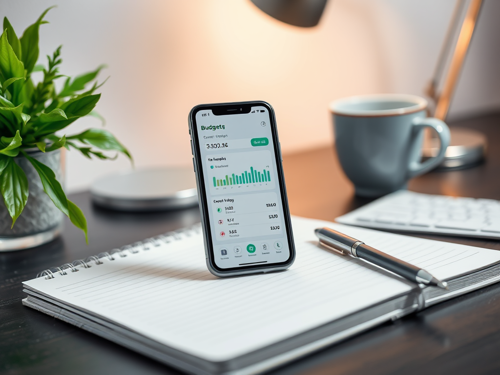 На столе лежит ноутбук, блокнот и телефон с открытым приложением для учета бюджета и графиками.